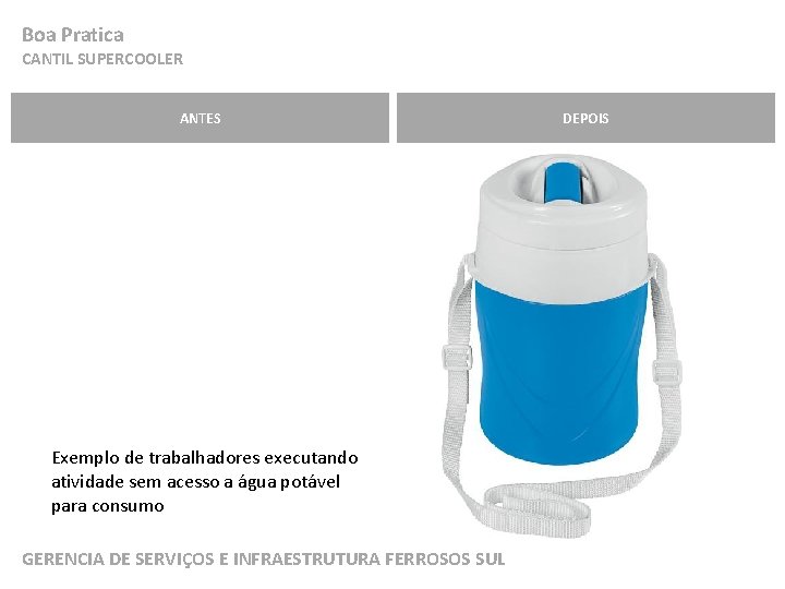 Boa Pratica CANTIL SUPERCOOLER ANTES Exemplo de trabalhadores executando atividade sem acesso a água