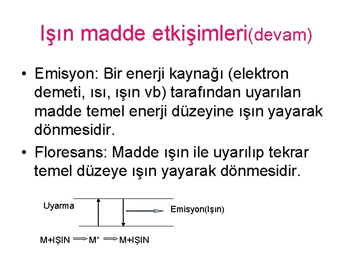 Işın madde etkişimleri(devam) • Emisyon: Bir enerji kaynağı (elektron demeti, ısı, ışın vb) tarafından