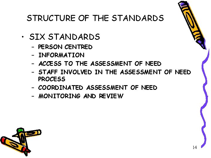 STRUCTURE OF THE STANDARDS • SIX STANDARDS – – PERSON CENTRED INFORMATION ACCESS TO