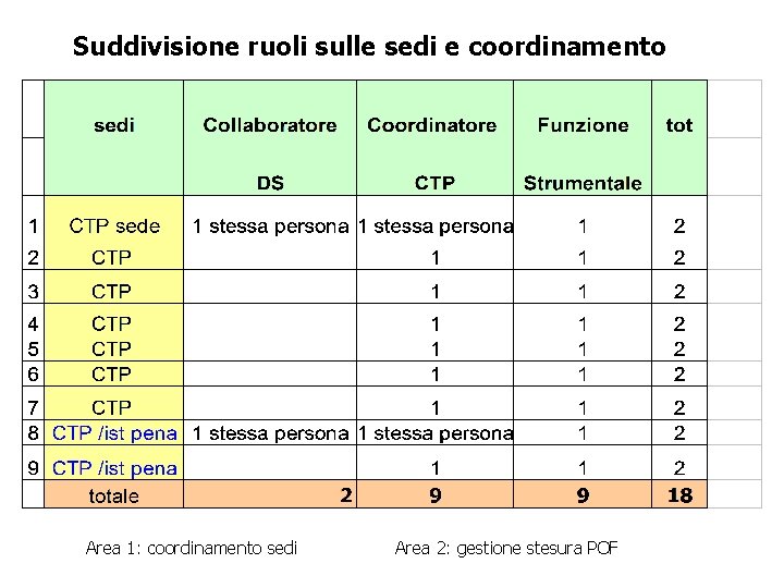 Suddivisione ruoli sulle sedi e coordinamento Area 1: coordinamento sedi Area 2: gestione stesura