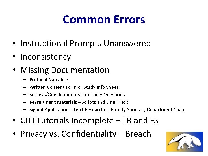 Common Errors • Instructional Prompts Unanswered • Inconsistency • Missing Documentation – – –