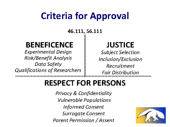 Criteria for Approval 46. 111, 56. 111 BENEFICENCE Experimental Design Risk/Benefit Analysis Data Safety