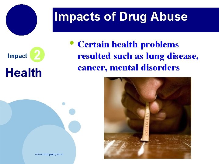 Impacts of Drug Abuse Impact 2 Health www. company. com • Certain health problems