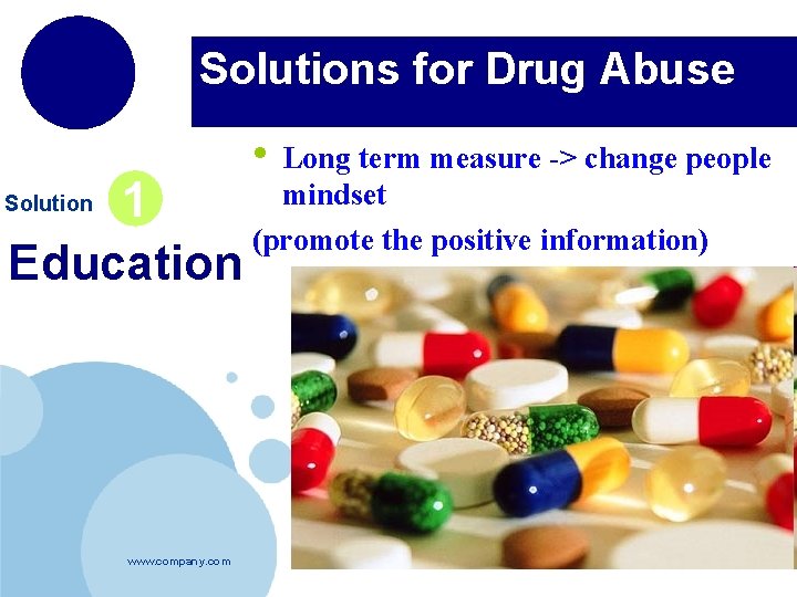 Solutions for Drug Abuse • Long term measure -> change people mindset 1 (promote