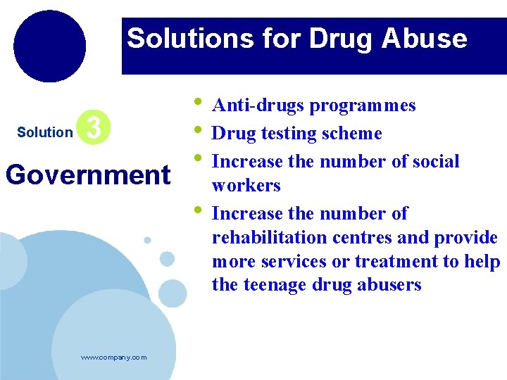 Solutions for Drug Abuse Solution 3 Government • Anti-drugs programmes • Drug testing scheme