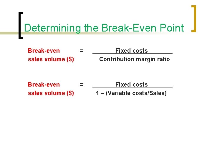 Determining the Break-Even Point Break-even = sales volume ($) Fixed costs Contribution margin ratio