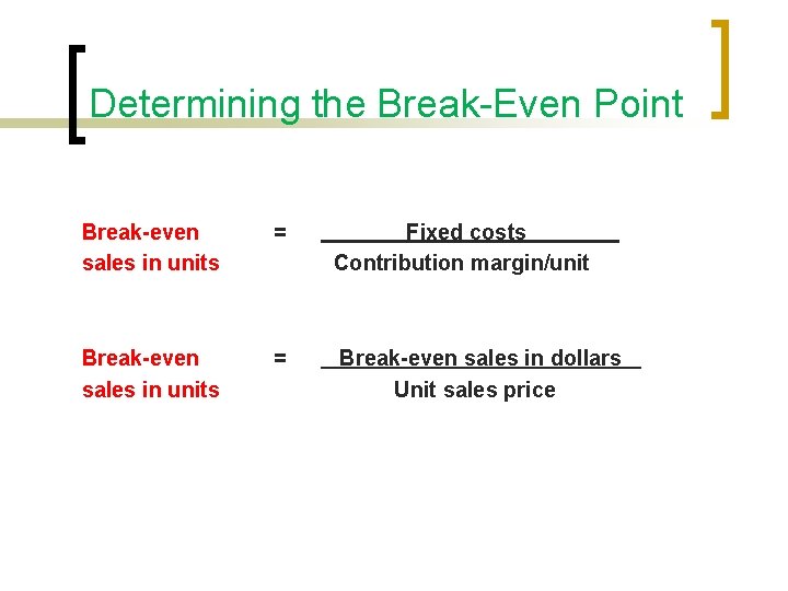 Determining the Break-Even Point Break-even sales in units = Fixed costs Contribution margin/unit Break-even