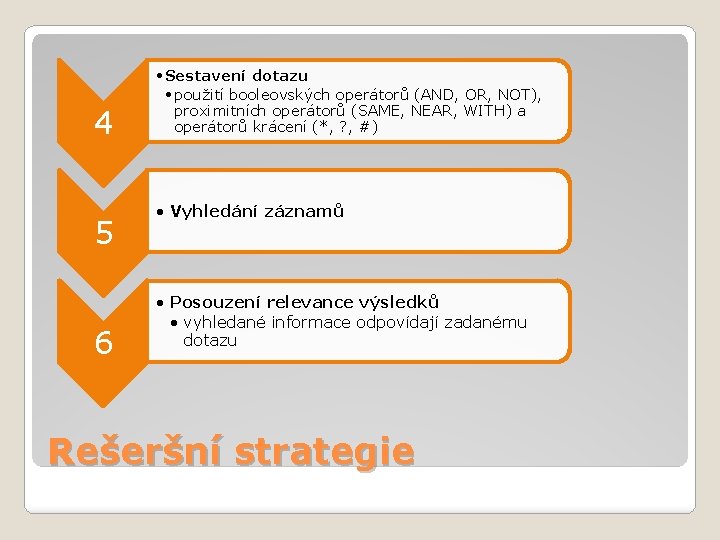 4 5 6 • Sestavení dotazu • použití booleovských operátorů (AND, OR, NOT), proximitních