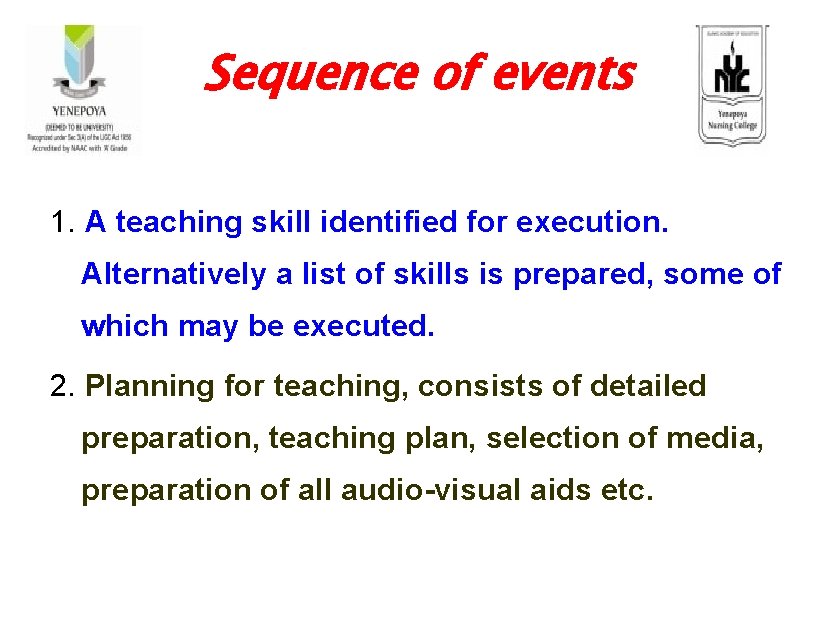 Sequence of events 1. A teaching skill identified for execution. Alternatively a list of