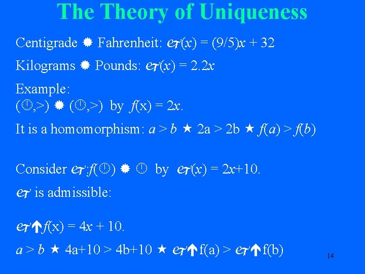 The Theory of Uniqueness Centigrade Fahrenheit: (x) = (9/5)x + 32 Kilograms Pounds: (x)