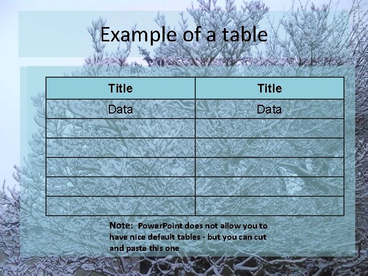 Example of a table Title Data Note: Power. Point does not allow you to