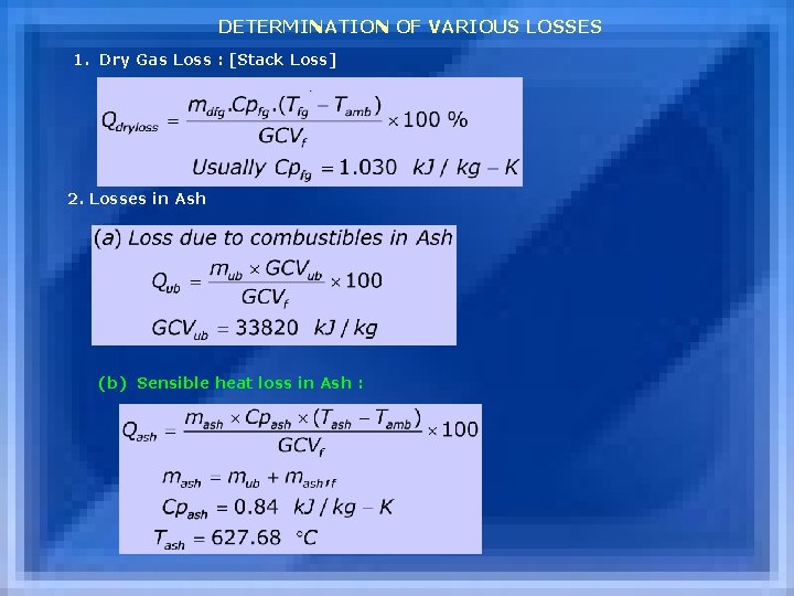 DETERMINATION OF VARIOUS LOSSES 1. Dry Gas Loss : [Stack Loss] 2. Losses in