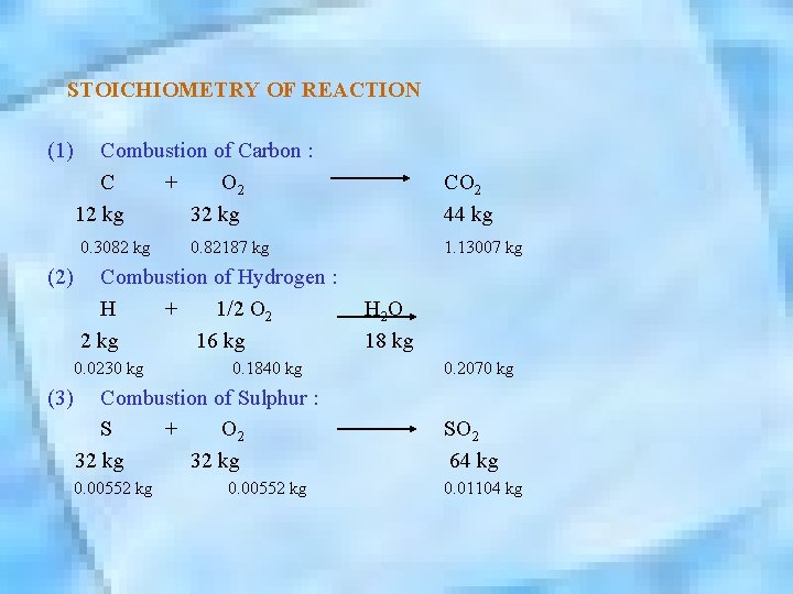 STOICHIOMETRY OF REACTION (1) Combustion of Carbon : C + O 2 12 kg