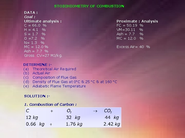 STOICHIOMETRY OF COMBUSTION DATA : Coal : Ultimate analysis : C = 66. 0