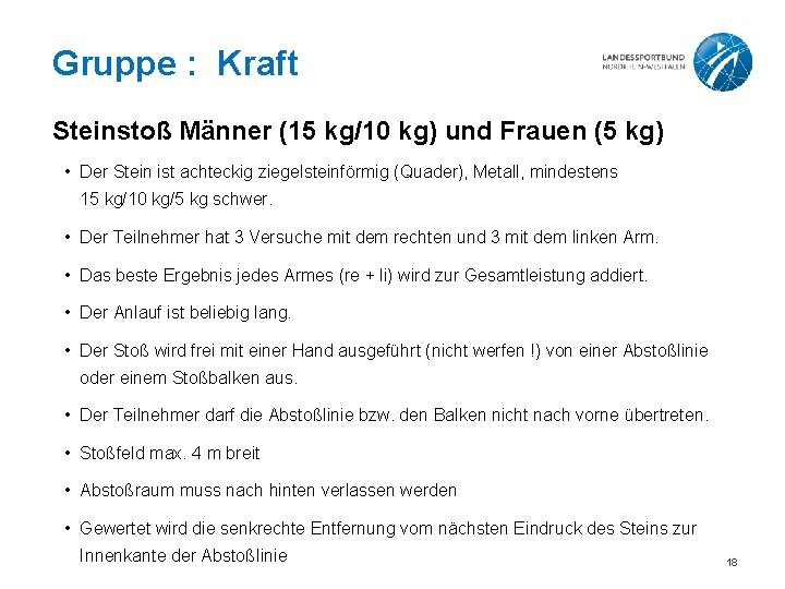 Gruppe : Kraft Steinstoß Männer (15 kg/10 kg) und Frauen (5 kg) • Der