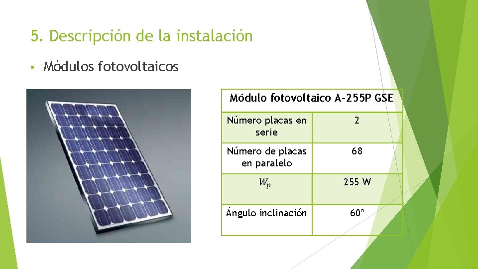 5. Descripción de la instalación • Módulos fotovoltaicos Módulo fotovoltaico A-255 P GSE Número