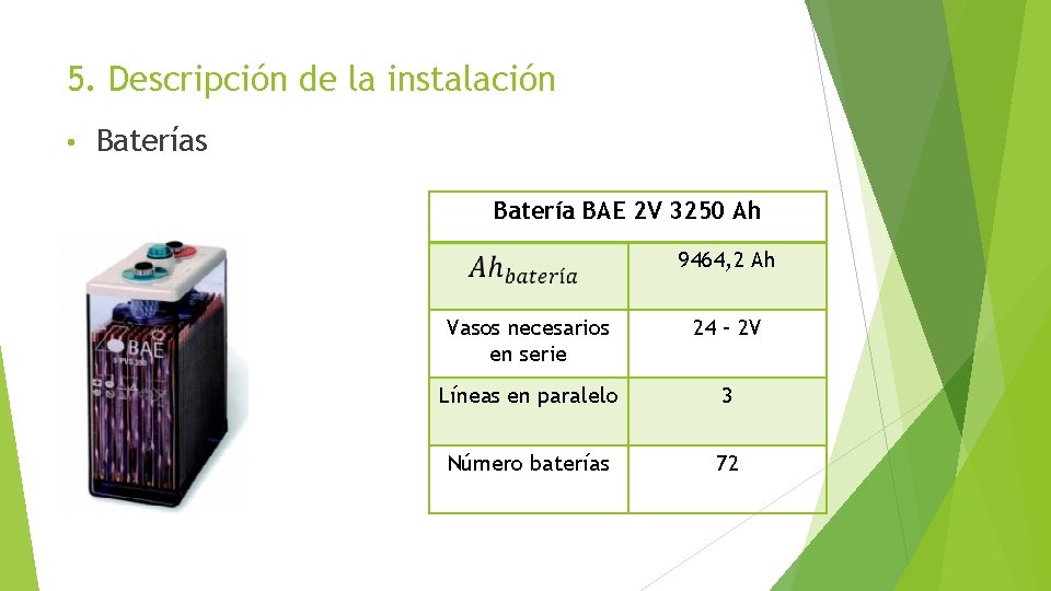 5. Descripción de la instalación • Baterías Batería BAE 2 V 3250 Ah 9464,