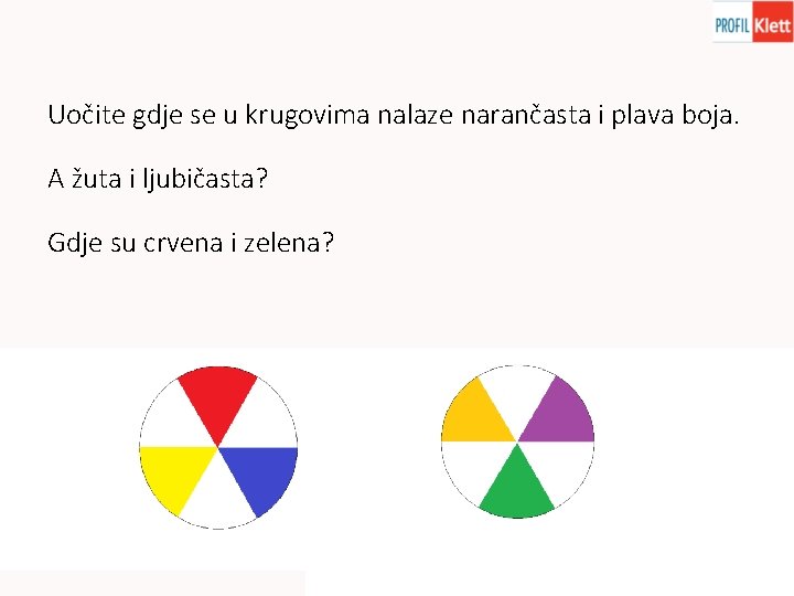 Uočite gdje se u krugovima nalaze narančasta i plava boja. A žuta i ljubičasta?