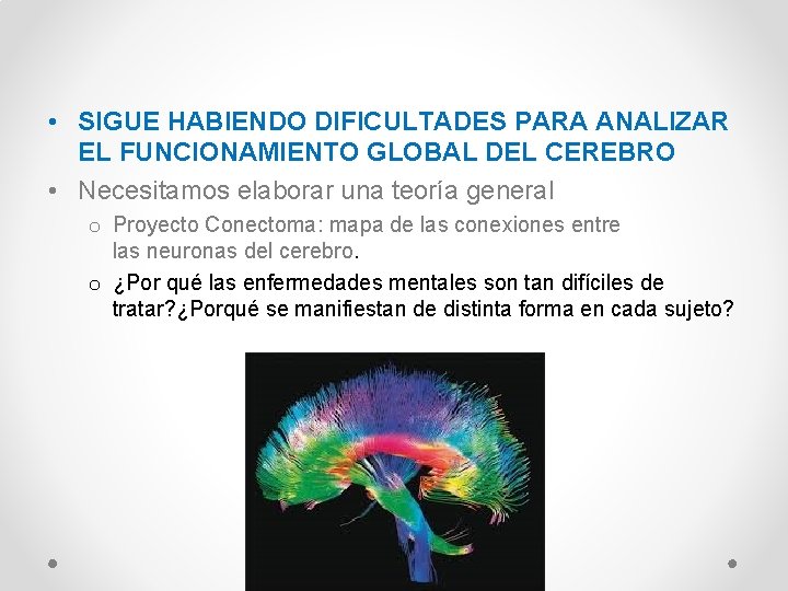  • SIGUE HABIENDO DIFICULTADES PARA ANALIZAR EL FUNCIONAMIENTO GLOBAL DEL CEREBRO • Necesitamos