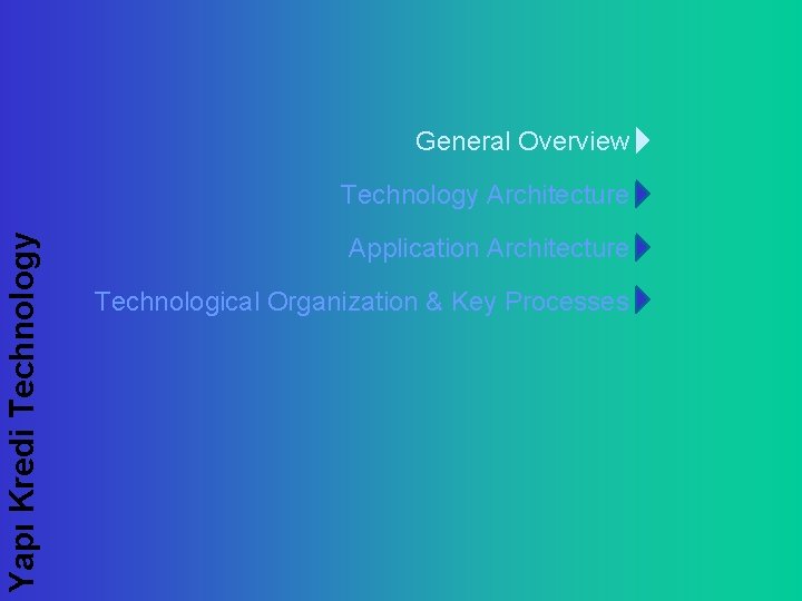 General Overview Yapı Kredi Technology Architecture Application Architecture Technological Organization & Key Processes 