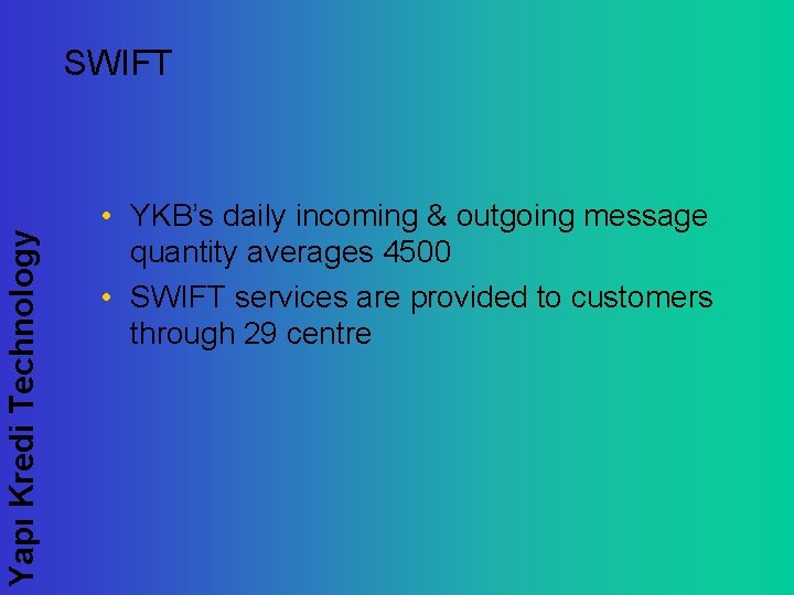 Yapı Kredi Technology SWIFT • YKB’s daily incoming & outgoing message quantity averages 4500