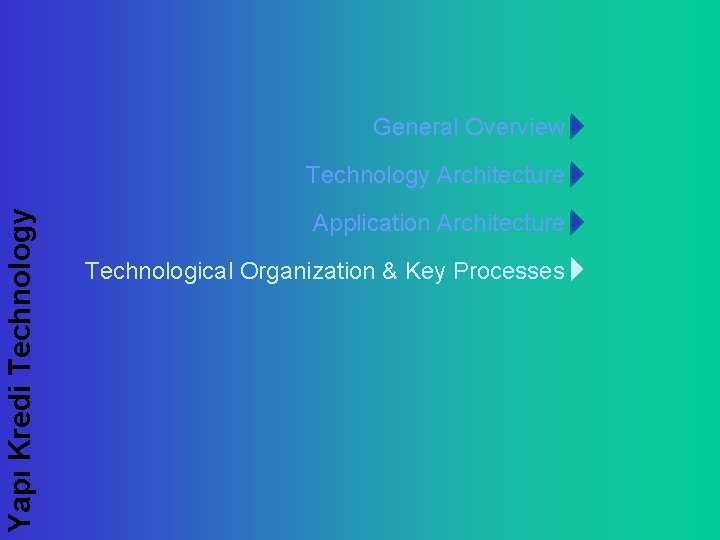 General Overview Yapı Kredi Technology Architecture Application Architecture Technological Organization & Key Processes 