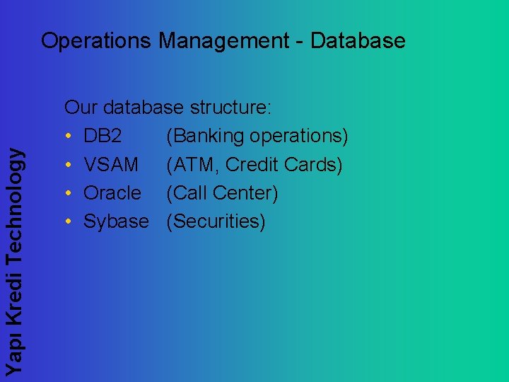 Yapı Kredi Technology Operations Management - Database Our database structure: • DB 2 (Banking