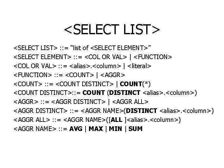 <SELECT LIST> : : = “list of <SELECT ELEMENT>” <SELECT ELEMENT> : : =