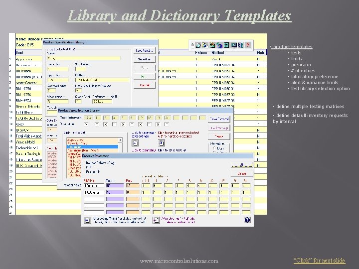 Library and Dictionary Templates • product templates • tests • limits • precision •