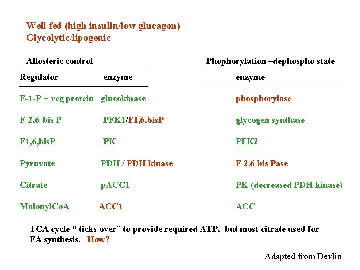 Well fed (high insulin/low glucagon) Glycolytic/lipogenic Allosteric control Regulator enzyme Phophorylation –dephospho state enzyme