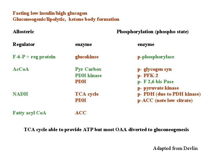 Fasting low insulin/high glucagon Gluconeogenic/lipolytic, ketone body formation Allosteric Phosphorylation (phospho state) Regulator enzyme