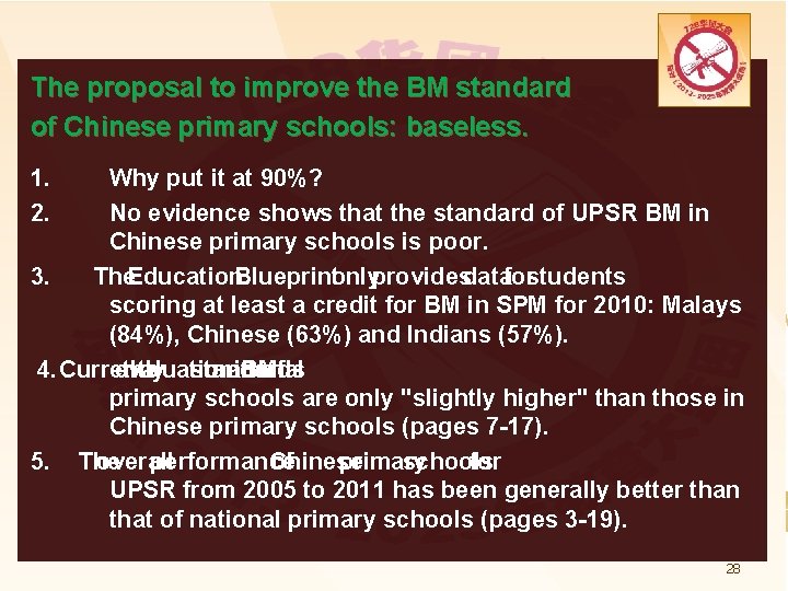 The proposal to improve the BM standard of Chinese primary schools: baseless. 1. 2.