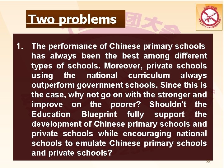 Two problems 1. The performance of Chinese primary schools has always been the best