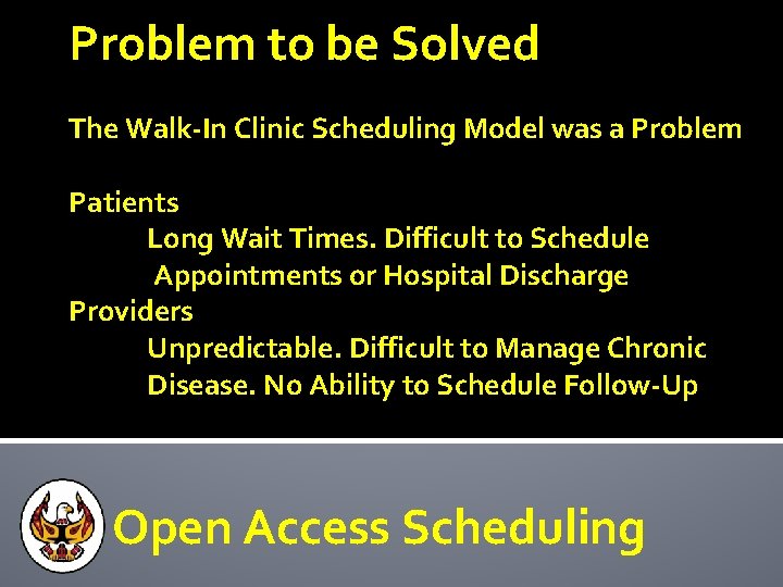 Problem to be Solved The Walk-In Clinic Scheduling Model was a Problem Patients Long