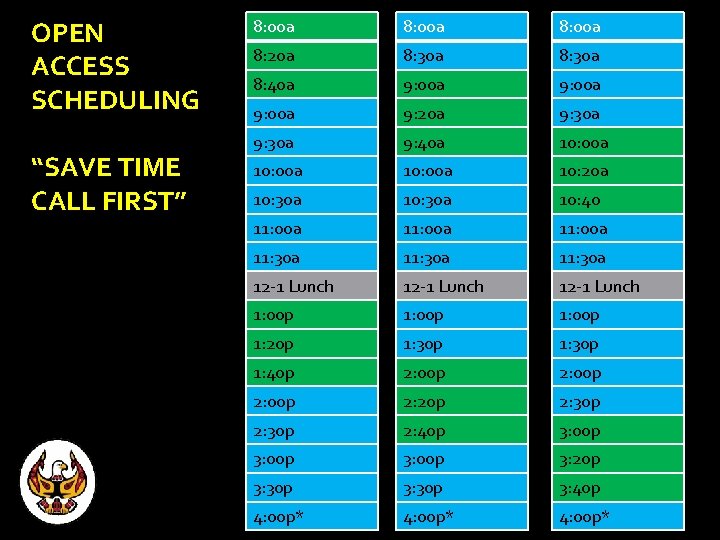 OPEN ACCESS SCHEDULING “SAVE TIME CALL FIRST” 8: 00 a 8: 20 a 8: