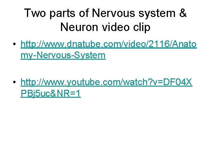 Two parts of Nervous system & Neuron video clip • http: //www. dnatube. com/video/2116/Anato