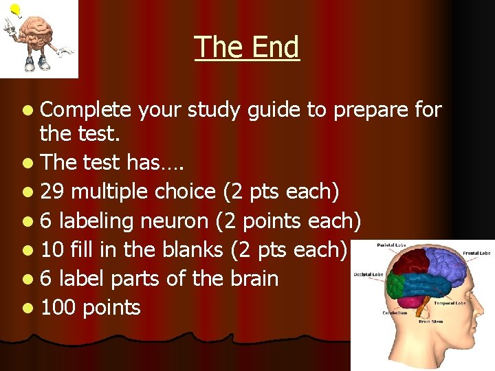 The End l Complete your study guide to prepare for the test. l The