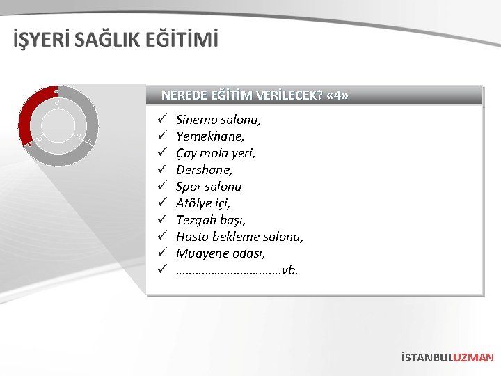 NEREDE EĞİTİM VERİLECEK? « 4» ü ü ü ü ü Sinema salonu, Yemekhane, Çay