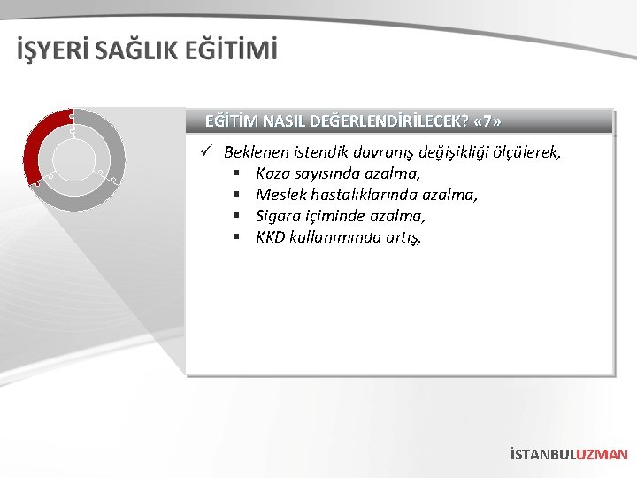 EĞİTİM NASIL DEĞERLENDİRİLECEK? « 7» ü Beklenen istendik davranış değişikliği ölçülerek, § Kaza sayısında