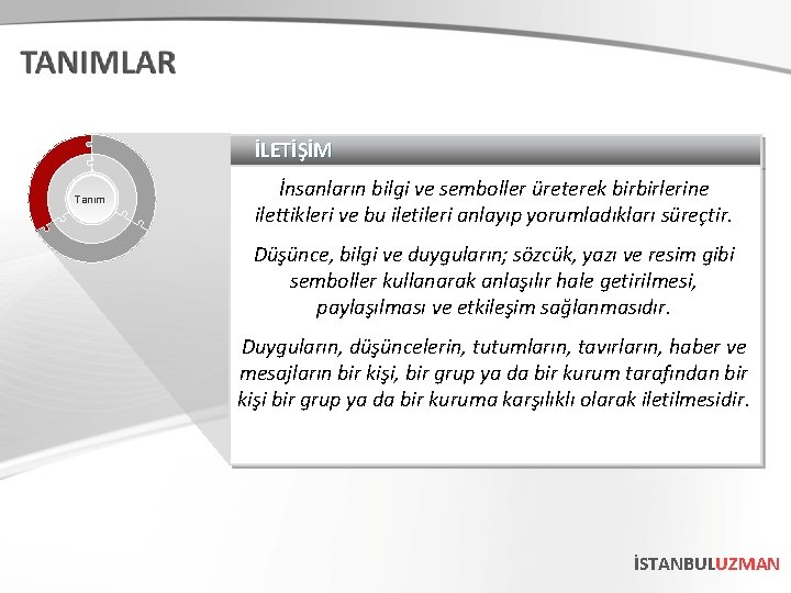 İLETİŞİM Tanım İnsanların bilgi ve semboller üreterek birbirlerine ilettikleri ve bu iletileri anlayıp yorumladıkları