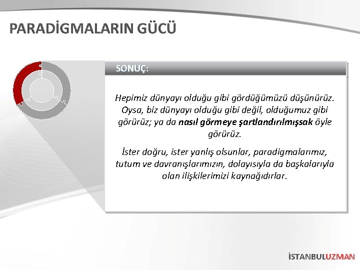 SONUÇ: Hepimiz dünyayı olduğu gibi gördüğümüzü düşünürüz. Oysa, biz dünyayı olduğu gibi değil, olduğumuz