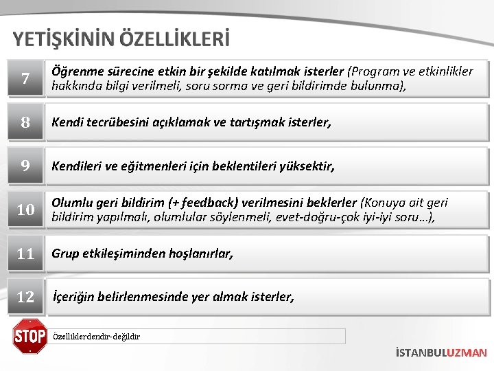 7 Öğrenme sürecine etkin bir şekilde katılmak isterler (Program ve etkinlikler hakkında bilgi verilmeli,