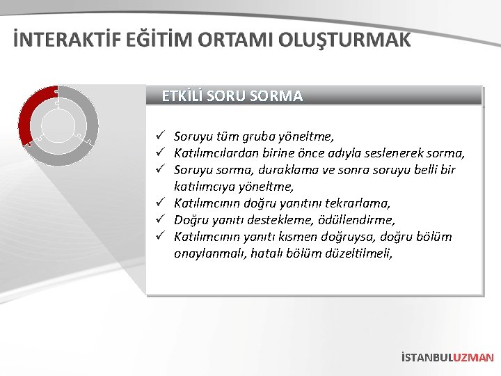 ETKİLİ SORU SORMA ü Soruyu tüm gruba yöneltme, ü Katılımcılardan birine önce adıyla seslenerek