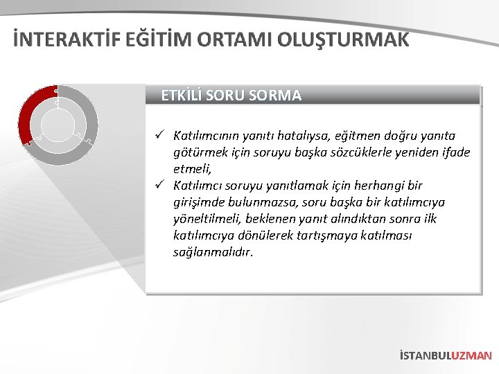 ETKİLİ SORU SORMA ü Katılımcının yanıtı hatalıysa, eğitmen doğru yanıta götürmek için soruyu başka