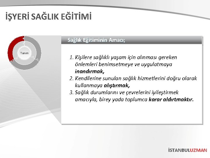 Sağlık Eğitiminin Amacı; Tanım 1. Kişilere sağlıklı yaşam için alınması gereken önlemleri benimsetmeye ve