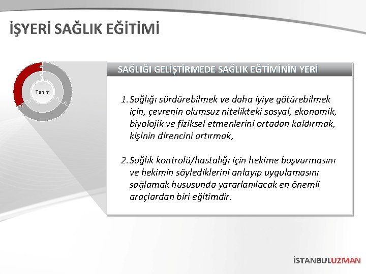 SAĞLIĞI GELİŞTİRMEDE SAĞLIK EĞTİMİNİN YERİ Tanım 1. Sağlığı sürdürebilmek ve daha iyiye götürebilmek için,