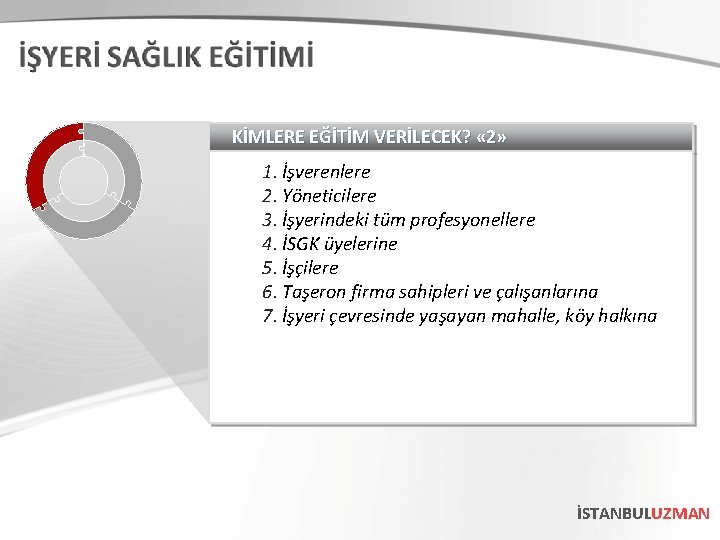 KİMLERE EĞİTİM VERİLECEK? « 2» 1. İşverenlere 2. Yöneticilere 3. İşyerindeki tüm profesyonellere 4.