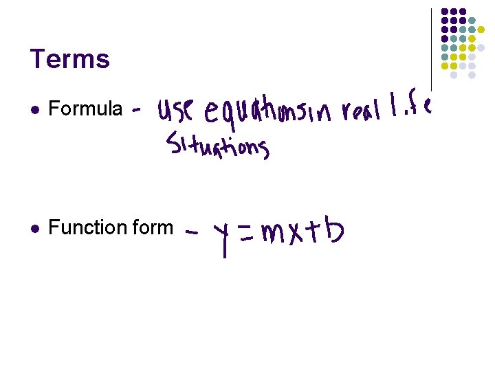 Terms l Formula l Function form Terms l Formula l Function form