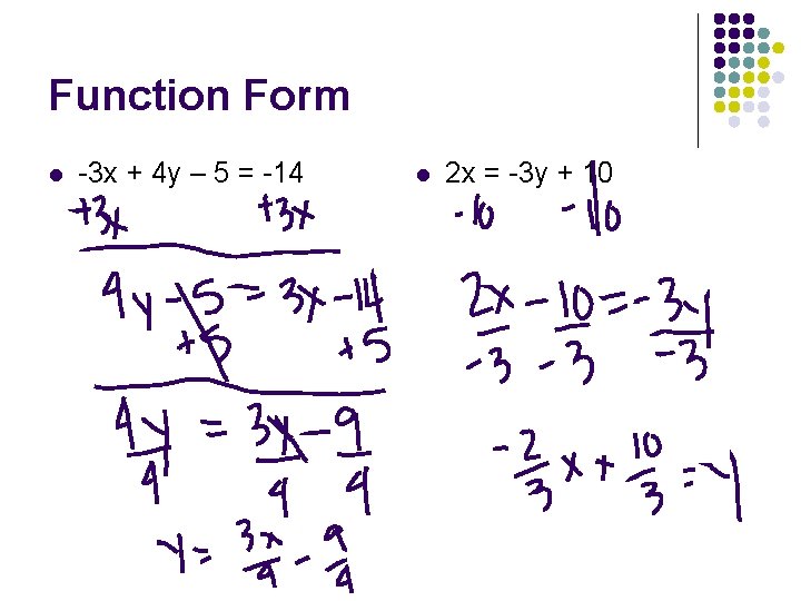 Function Form l -3 x + 4 y – 5 = -14 l 2 Function Form l -3 x + 4 y – 5 = -14 l 2