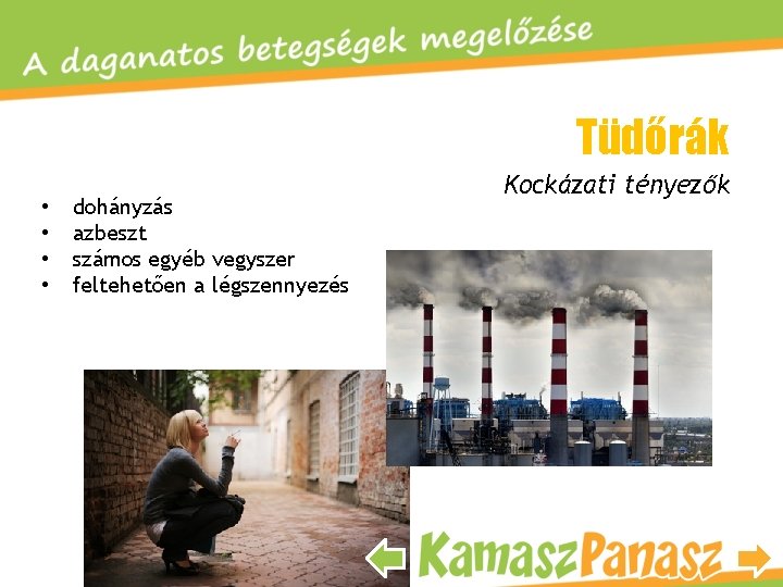 Tüdőrák • • dohányzás azbeszt számos egyéb vegyszer feltehetően a légszennyezés Kockázati tényezők 